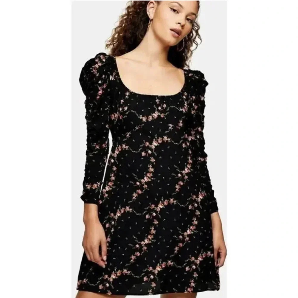 TopShop Romantic Black Pink Floral Print 3/4 Sleeve Scoop Neck Mini Dress Size 6